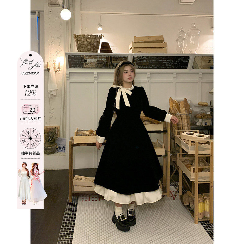 安妮不火 撞色蝴蝶结连衣裙女2025秋季法式荷叶边微胖显瘦小黑裙