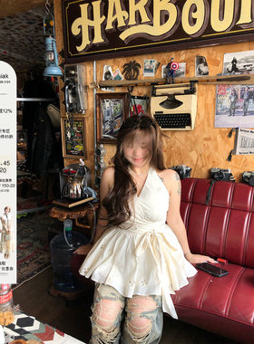 安妮不火 信使花诏绣花镂空挂脖绑带背心女微胖大码收腰公主上衣