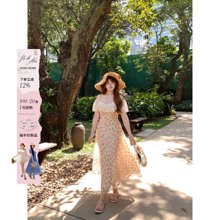 安妮不火 蕾丝花边领鱼骨收腰碎花连衣裙女微胖大码甜美系公主裙