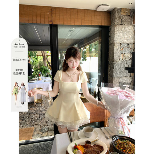 安妮不火 千金风蝴蝶结绑带刺绣花边连衣裙女微胖大码收腰生日裙