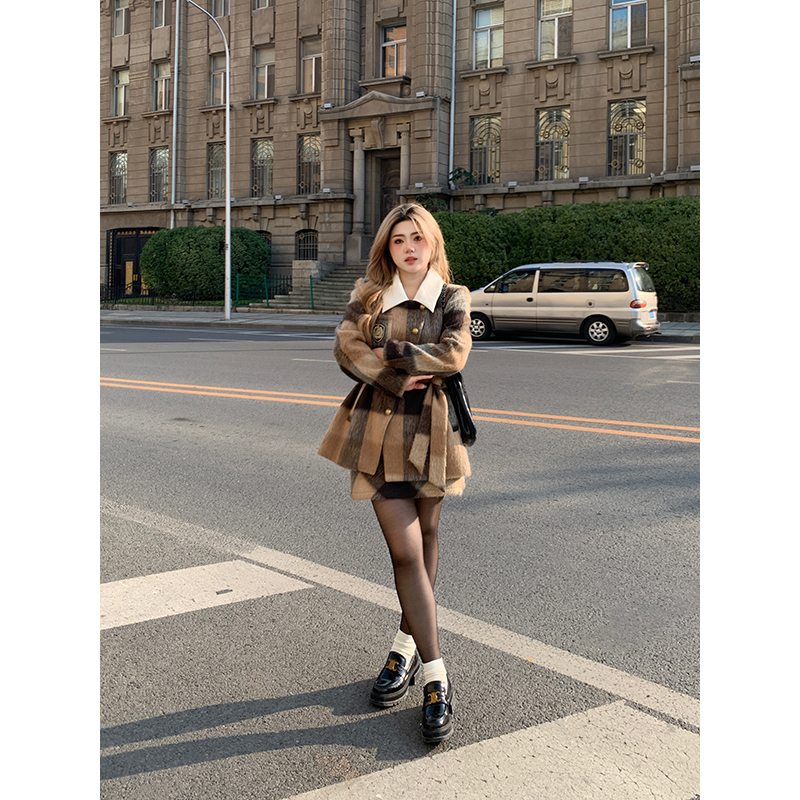 安妮不火 复古格子设计时尚套装女2023秋季学院风宽松外套半身裙