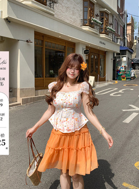 安妮不火 4/26 20点【橙花夏令时】碎花蕾丝花边方领泡泡皱雪纺衫