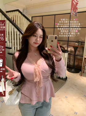 安妮不火 温柔系蕾丝边V领收腰磨毛针织衫女微胖大码韩系长袖上衣