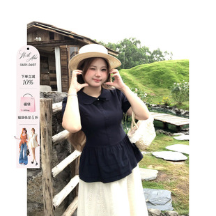 安妮不火 女微胖大码 收腰短袖 上衣 告白手信学院派冰感娃娃领衬衫