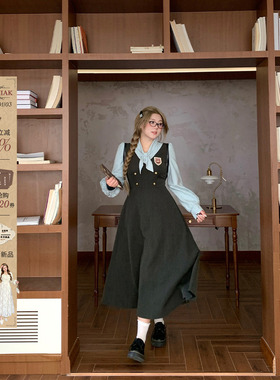 安妮不火 学院风TR西装料条纹拼接连衣裙女秋微胖大码假两件裙子