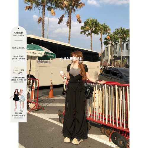 安妮不火  酷感不设限松弛感可调节伞兵裤女微胖大码宽松显瘦长裤