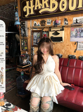 安妮不火 信使花诏绣花镂空挂脖绑带背心女微胖大码收腰公主上衣