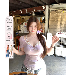 安妮不火 纯欲收腰上衣 假两件花边拼接领莱赛尔高弹T恤女微胖大码