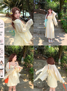 安妮不火 度假风花边连衣裙女2024夏季新款微胖大码碎花吊带裙子