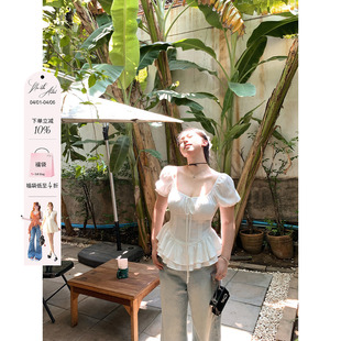 安妮不火肌理感荷叶边下摆泡泡袖 女微胖大码 显瘦方领小衫 收腰衬衫