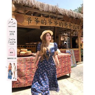 连衣裙女微胖大码 收腰氛围感裙 塔里木格桑花碎花泡泡袖 安妮不火