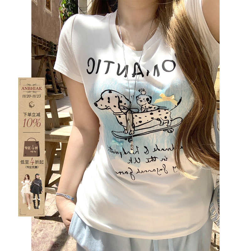 安妮不火 氣水海盐番甜酷斑点狗印花T恤女夏微胖大码收腰短袖上衣