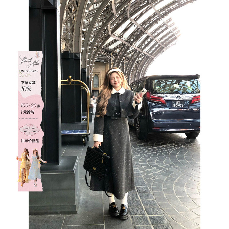 安妮不火 烫钻呢料夹棉外套连衣裙套装女微胖大码气质小香两件套