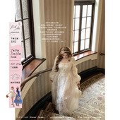 安妮不火 收腰公主裙子 羽毛绳绣欧根纱绑带蕾丝连衣裙女微胖大码