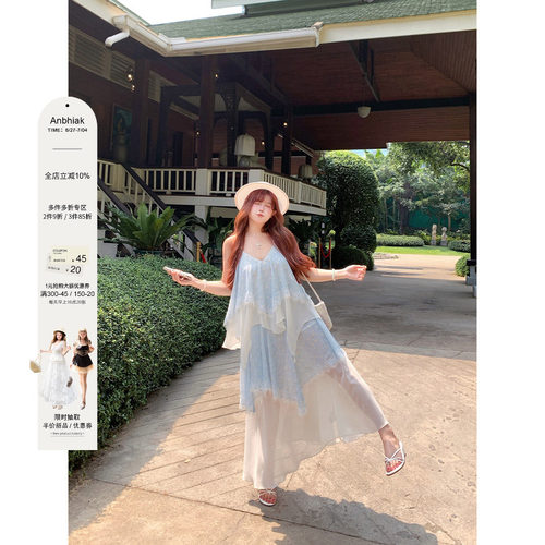 安妮不火 度假风碎花蕾丝花边拼接雪纺裙女微胖大码温柔系两件套
