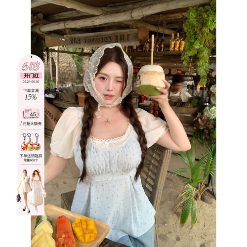 安妮不火 温柔系棉感花边假两件碎花上衣女微胖大码甜美收腰小衫