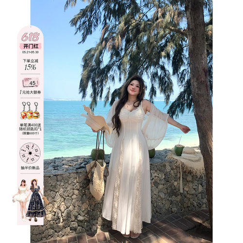 安妮不火 塞纳杏蝶笺 蝴蝶蕾丝雪纺仙女裙微胖大码收腰吊带裙套装