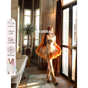 安妮不火橘烟漫藤精灵风蕾丝拼接吊带裙女新款 设计感裙子 微胖大码