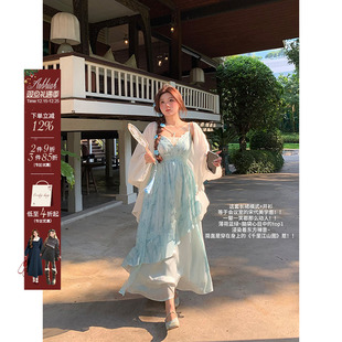 国风裙 微胖大码 安妮不火纸舟渡松烟蕾丝花边扎染吊带裙女夏季 新款