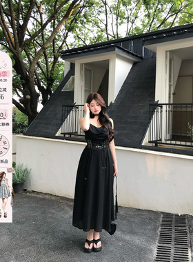 安妮不火 墨羽纤腰高级感收腰荡领吊带裙女微胖大码黑色吊带长裙