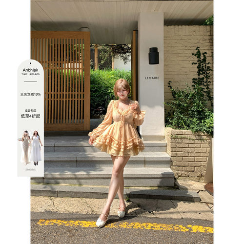 安妮不火 木耳边薄纱蕾丝花边拼接连衣裙女微胖大码温柔长袖短裙