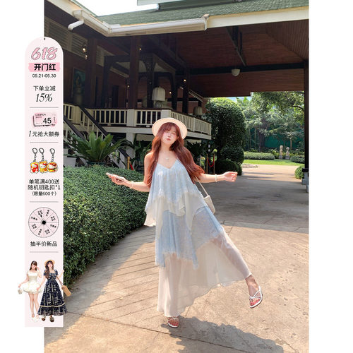 安妮不火 度假风碎花蕾丝花边拼接雪纺裙女微胖大码温柔系两件套