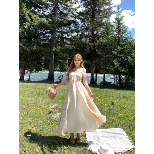 安妮不火 牧场千金风碎花雪纺连衣裙女微胖大码度假风温柔长裙子