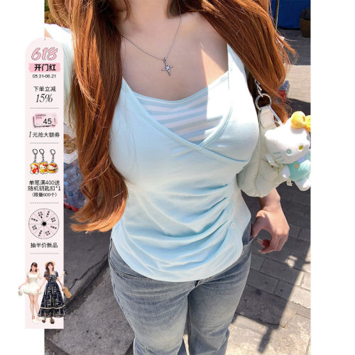 安妮不火 条纹拼接假两件大U领高弹针织T恤女微胖大码收腰小上衣