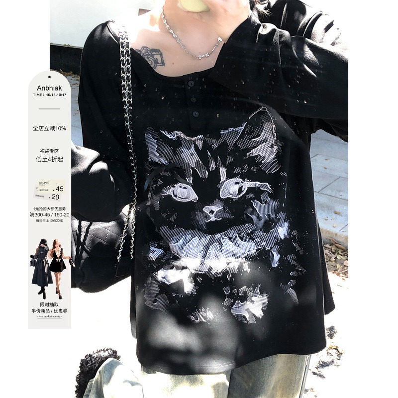 安妮不火 慵懒感显瘦猫咪印花T恤女秋冬新款微胖大码宽松长袖上衣
