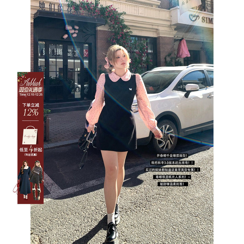 学院风波点假两件连衣裙