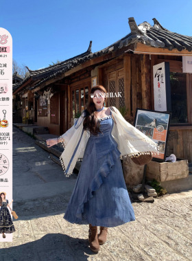 安妮不火 民族风流苏穗荷叶边吊带裙连衣裙微胖大码度假风两件套