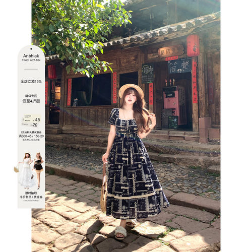 安妮不火 棉制格纹橡筋腰蕾丝花边连衣裙女微胖大码收腰显瘦裙子