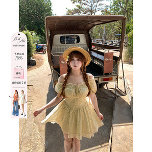 可爱收腰小裙子 安妮不火两穿抽褶领花边拼接碎花连衣裙女微胖大码