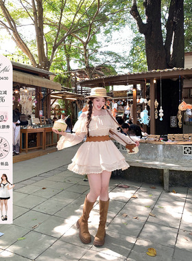 安妮不火 宫廷感刺绣花边一字领雪纺裙女微胖大码收腰少女连衣裙