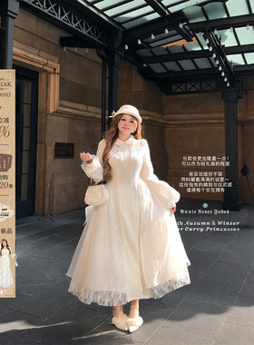 安妮不火 娃娃领欧根纱拼接绞花毛织裙女微胖大码收腰重工连衣裙