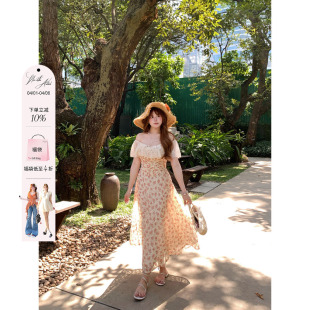 安妮不火 甜美系公主裙 蕾丝花边领鱼骨收腰碎花连衣裙女微胖大码