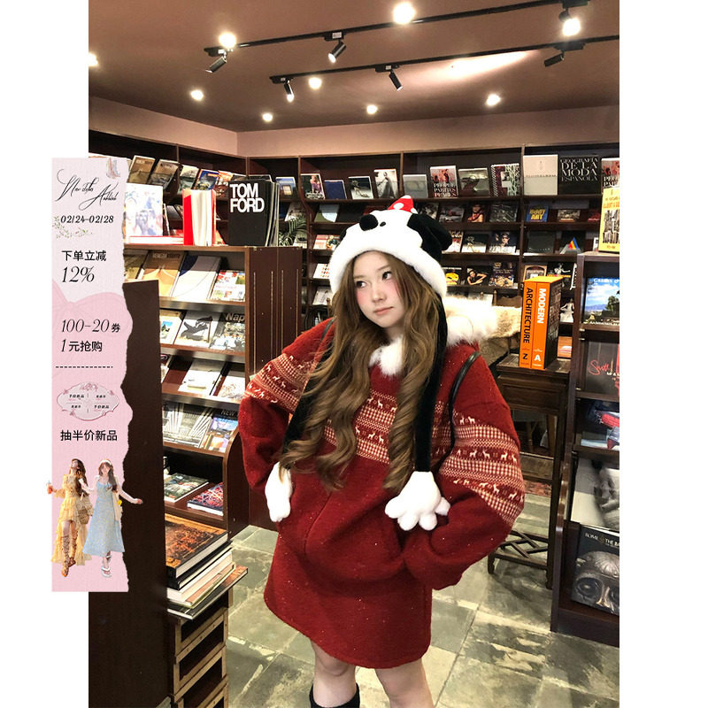 安妮不火 费尔岛小鹿提花银狐绒外套&amp;半裙女微胖大码毛绒连帽外套