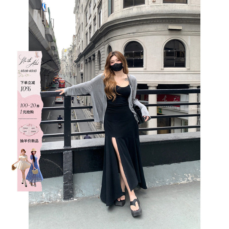 安妮不火 开叉鱼尾吊带裙女收腰2024夏季新款微胖大码显瘦连衣裙