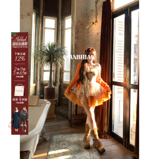 安妮不火橘烟漫藤精灵风蕾丝拼接吊带裙女新款 设计感裙子 微胖大码