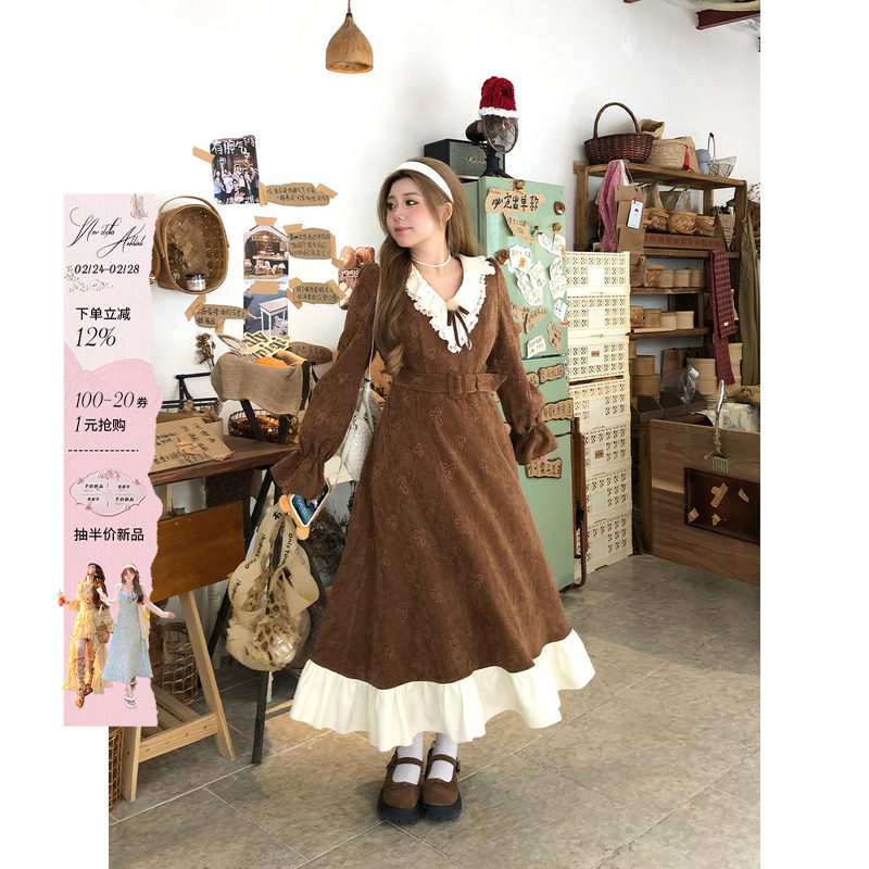 安妮不火复古雪尼尔拼接长裙女2025冬季新款微胖大码设计感连衣裙