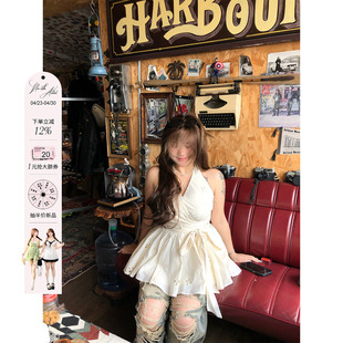 安妮不火 信使花诏绣花镂空挂脖绑带背心女微胖大码收腰公主上衣