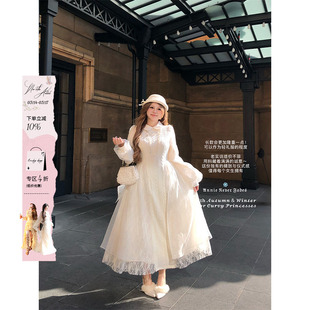 安妮不火 娃娃领欧根纱拼接绞花毛织裙女微胖大码收腰重工连衣裙