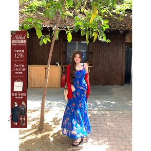 安妮不火 收腰碎花连衣裙 蓝礁红槿印花v领鱼尾雪纺吊带裙微胖大码