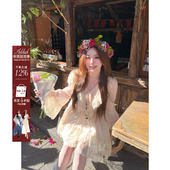 安妮不火荷叶边蕾丝拼接V领雪纺A字连衣裙微胖大码 法式 收腰少女裙