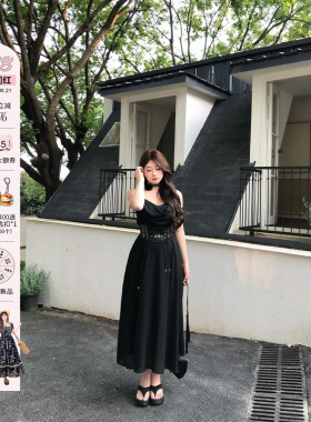 安妮不火 墨羽纤腰高级感收腰荡领吊带裙女微胖大码黑色吊带长裙