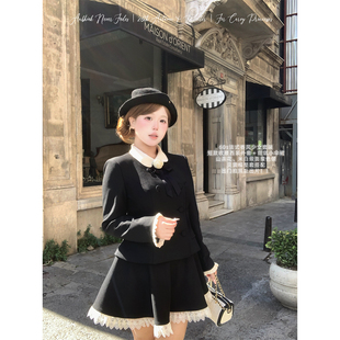 安妮不火 撞色娃娃领西装外套半裙套装女微胖大码miu系千金两件套