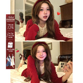 安妮不火 上衣 假两件长袖 纯欲蕾丝拼接缩褶收腰修身 T恤女微胖大码