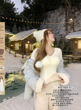 安妮不火 带胸垫V领蝴蝶结自热磨毛针织衫女微胖大码收腰内搭长袖