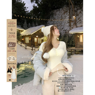 收腰内搭长袖 女微胖大码 带胸垫V领蝴蝶结自热磨毛针织衫 安妮不火