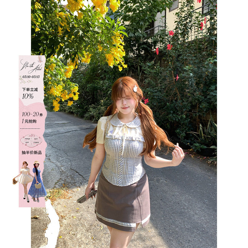 安妮不火 亚麻泡泡纱格纹衬衫&半裙套装女微胖大码度假风两件套装